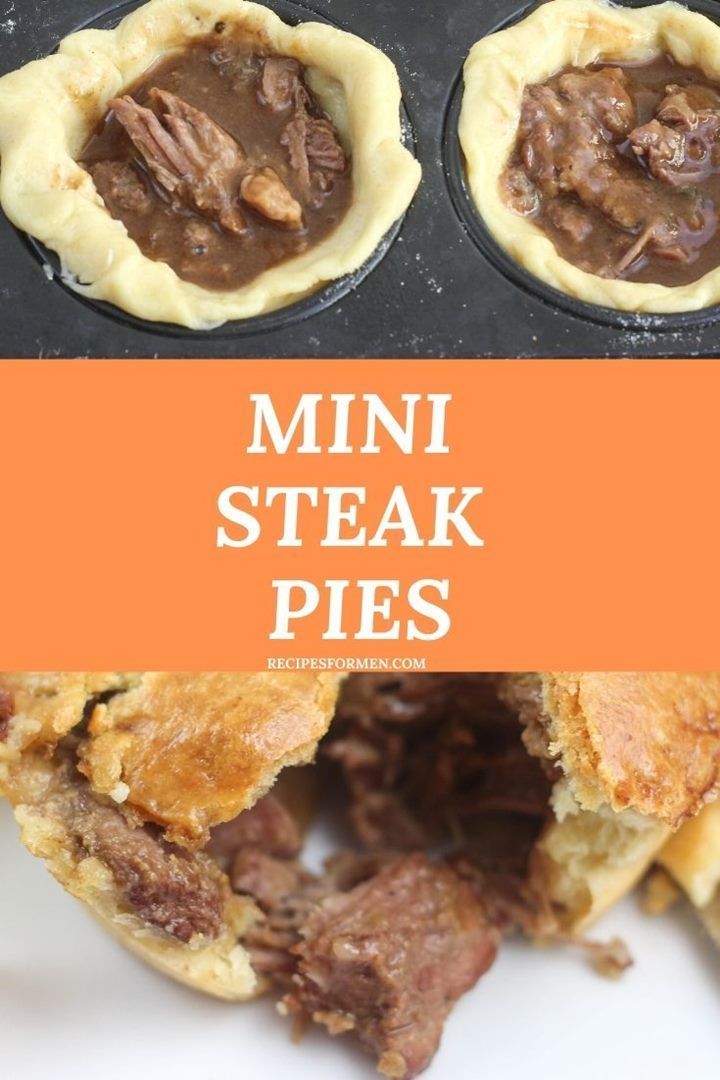 mini steak pies with chocolate sauce in the middle and an orange border overlay