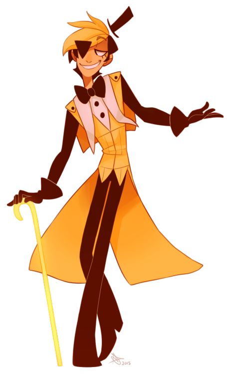 an image of a cartoon character holding a cane and wearing a yellow dress with black accents