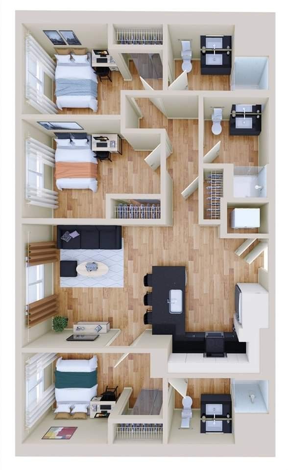 an overhead view of a two bedroom apartment