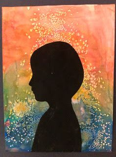 a painting of a person's head in silhouette against an orange and blue background