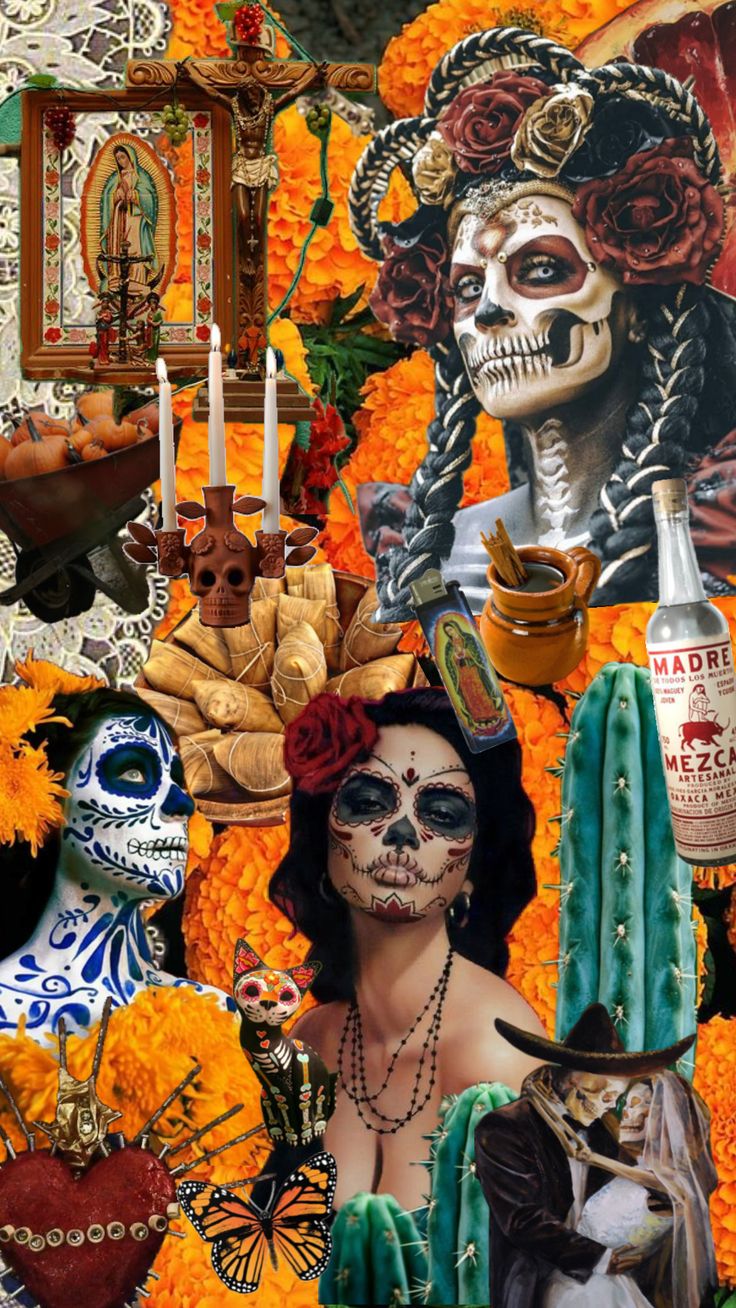 a collage of skulls, flowers and candles is featured in this image as part of the dia de los muerts day of the dead celebration