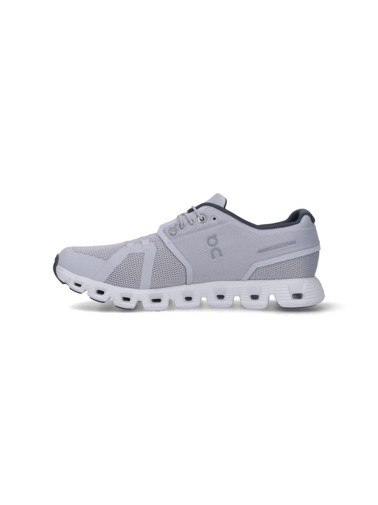 ON Cloud 5 Sneakers, grey recycled mesh, round toe, lace-up closure, printed logo tab, tone-on-tone side and back logo, white rubber sole. Gray Lace-up Sneakers, Gray Sporty Custom Sneakers For Light Sports, Sporty Gray Custom Sneakers For Light Sports, Gray Sneakers With Rubber Sole For Light Sports, Custom Lace-up Running Sneakers With Air Cushioning, Gray Dynamic Sneakers With Laces, Dynamic Gray Sneakers With Laces, Gray Dynamic Sneakers, Dynamic Gray Sneakers