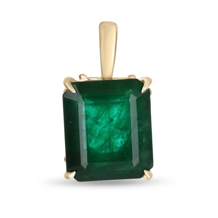 Displayed is a classic Colombian emerald solitaire necklace set in 14K yellow gold. This gorgeous solitaire pendant carries a large 4.92-carat emerald in a four-prong setting. The gem has a dark green color and very good luster. An ideal solitaire, perfect for everyday use!  Setting Style: Solitaire - Prong  Setting Material: 14K Yellow Gold Main Stone: Emerald Shape: Emerald Cut Approx Weight: 4.92-carats Color: Dark Green  Clarity: Translucent Luster: Very Good Origin: Brazil Treatments: Natural, Oiling Retail Price $9320.00 This masterpiece is made to order and takes 3-10 business days to craft. If you have a special request for a custom-created item please contact us at 1 800 840 6828. Complimentary shipping with the USA & Certification of Appraisal! 14k Gold Emerald Cut Solitaire Necklace, Luxury Yellow Gold Emerald Necklace With Prong Setting, Classic Green Emerald Necklace In 14k Gold, Classic Emerald Pendant Necklace With Diamond Cut, Classic Diamond Cut Emerald Pendant Necklace, Classic Emerald Diamond Cut Pendant Necklace, Classic Emerald Necklace In 14k Gold With Bezel Setting, Classic Diamond-cut Emerald Necklace For Formal Occasions, Classic Diamond Cut Emerald Necklace For Formal Occasions