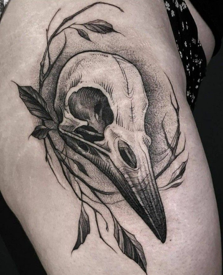 a skull with a bird's head in the middle of it