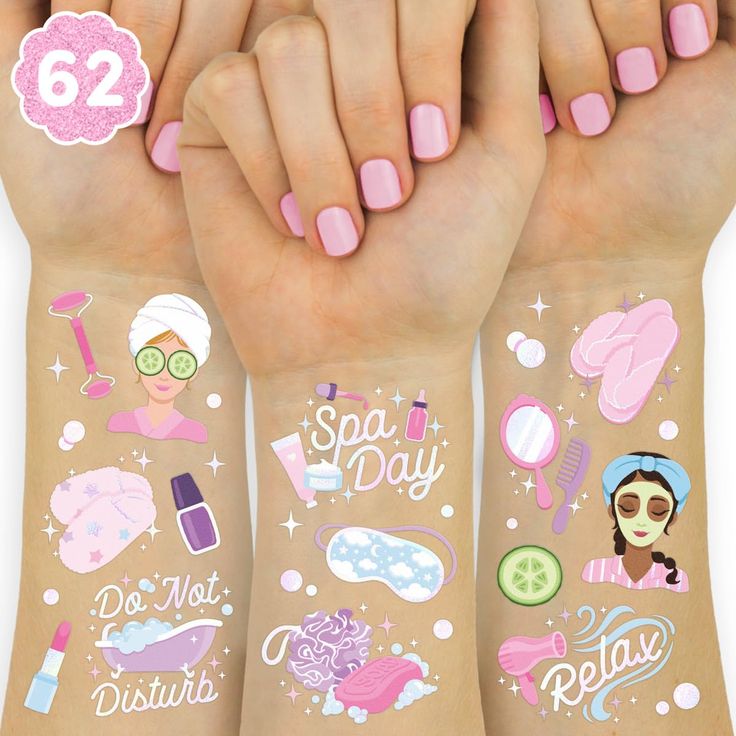 three girls with pink nail polishes on their arms and one has her hands painted in different colors