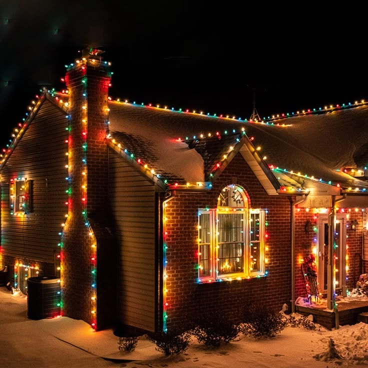 a house covered in christmas lights at night