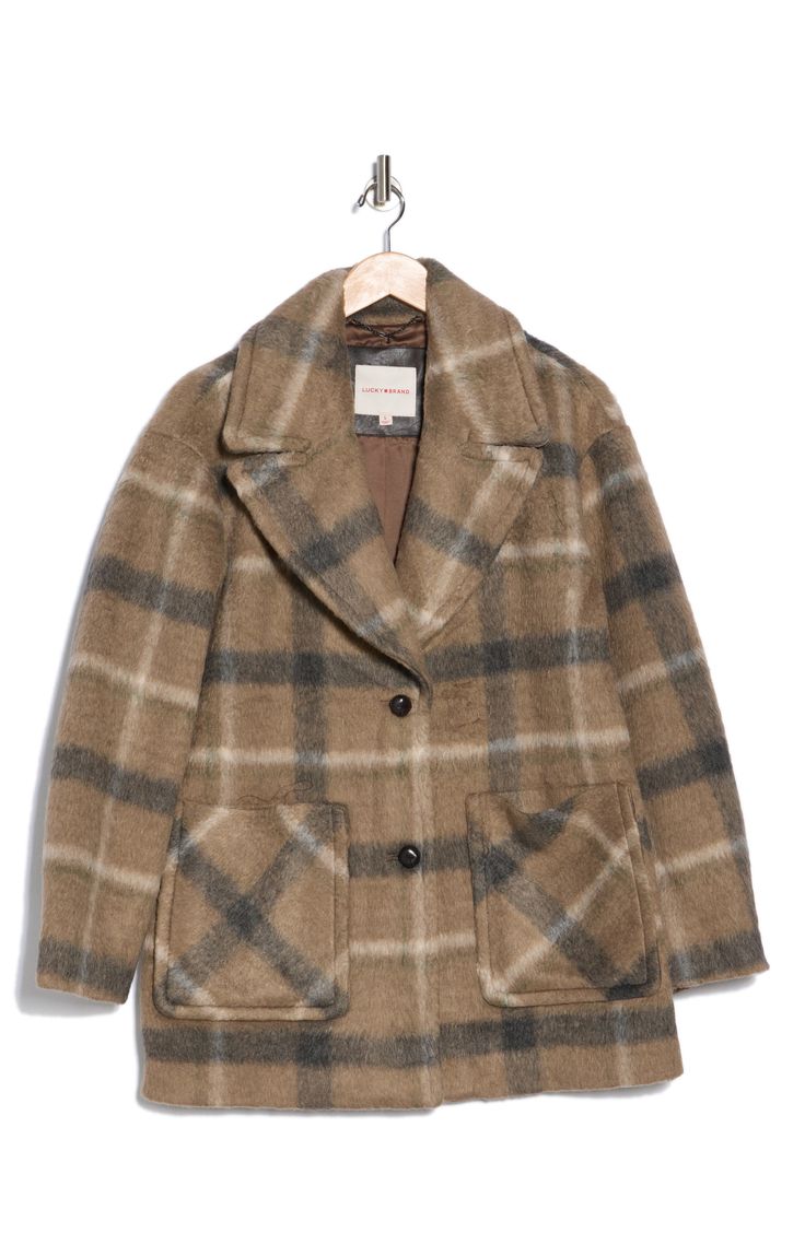 This brushed hip-length coat features a polished single-breasted silhouette finished with a brushed, wide plaid pattern. 31 3/8" length (size Small) Two-button front closure Notch collar Patch pockets Lined 82% polyester, 6% viscose, 6% wool, 5% nylon, 1% other Dry clean Imported Plaid Coat Outfit, Single Breasted Coat, Plaid Coat, Notch Collar, Brown Plaid, Coat Outfits, Notched Collar, Hip Length, Plaid Pattern