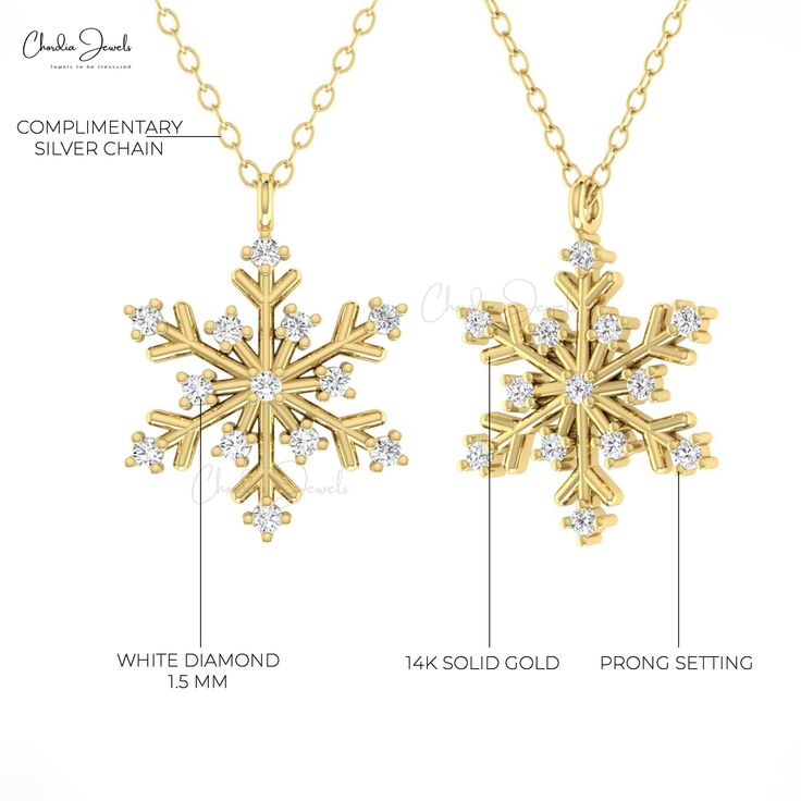 Description Here's a crafted description for the Genuine 1.5mm Round White Diamond Snowflake Floral Pendant in 14k Real Gold: "Embrace elegance with our prong-set snowflake pendant, adorned with genuine 1.5mm round white diamonds. Expertly crafted in 14k real gold, this hallmark jewelry piece exudes timeless beauty and sophistication. The gold chain shown in the pictures is just for reference and display purposes, in order pendant comes with a COMPLIMENTARY 925 SILVER CHAIN. Product Details SKU White Snowflake Jewelry For Anniversary, Diamond White Snowflake Jewelry For Anniversary, Diamond White Snowflake Jewelry For Formal Occasions, Diamond White Cubic Zirconia Snowflake Jewelry, Anniversary White Gold Snowflake Jewelry, Elegant Jewelry For Anniversary In Winter, Formal Snowflake Diamond White Jewelry, Cubic Zirconia Snowflake Jewelry For Anniversary, White Gold Diamond Snowflake Jewelry