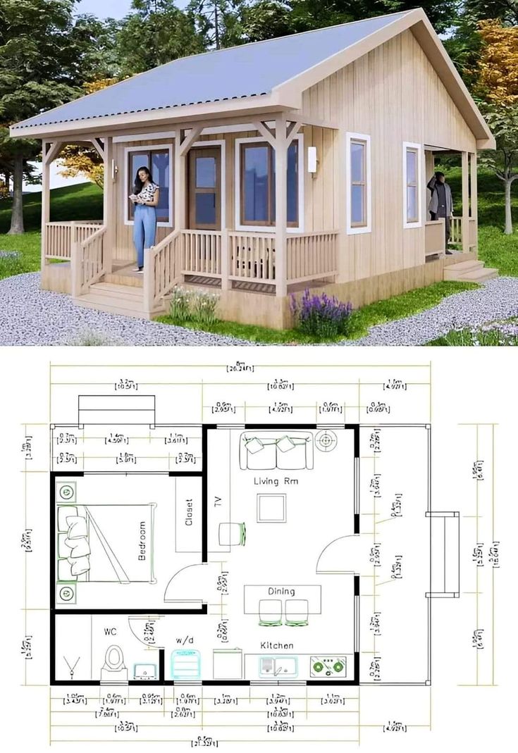 a small cabin with the floor plan and measurements