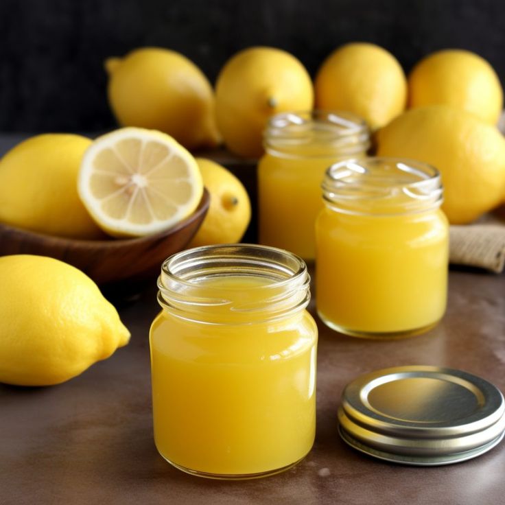 some lemons are sitting on a table next to jars and spoons with yellow liquid in them