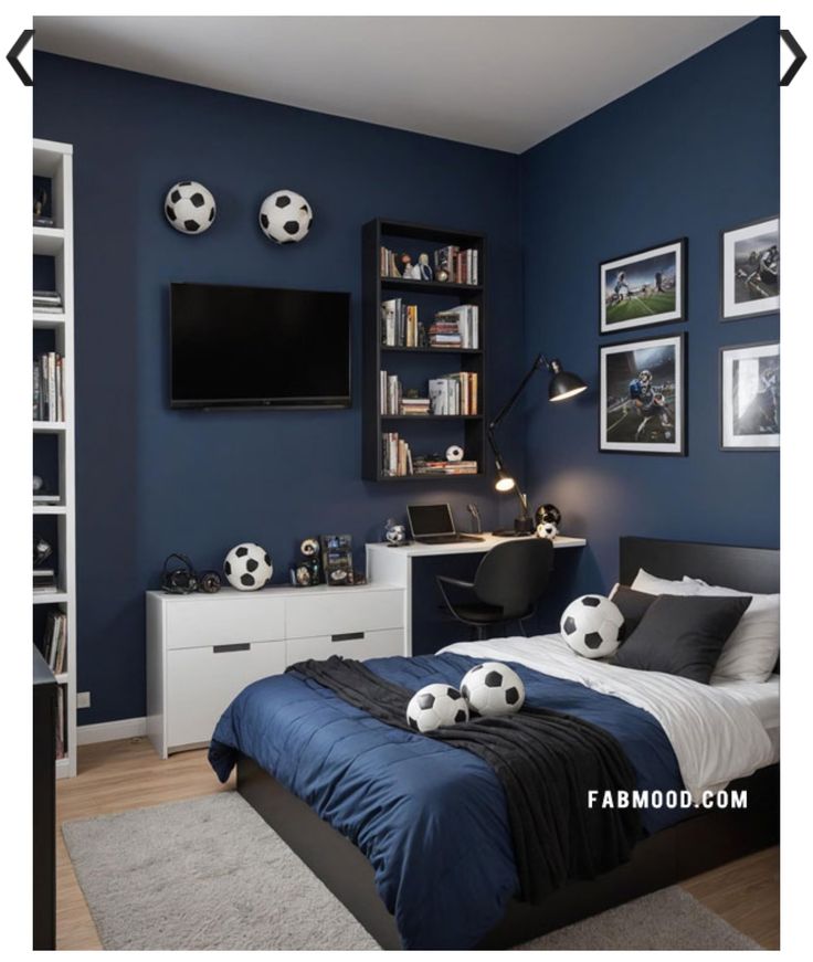 a bedroom with blue walls and soccer balls on the bed