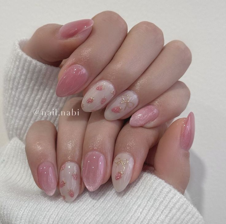 Pink Pumpkin Nail Design, Jelly Color Nails Korean, Blush Pink Asthetics, Pink Builder Gel Nails, Dreamy Nail Designs, Pink Nail With Design, Cute Short Oval Nails, Soft Feminine Nails, Short Nails Jelly