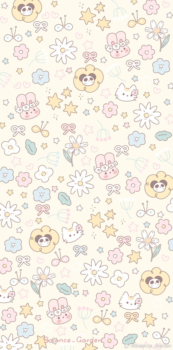 a wallpaper with many different types of cartoon characters on it's surface, including stars and clouds