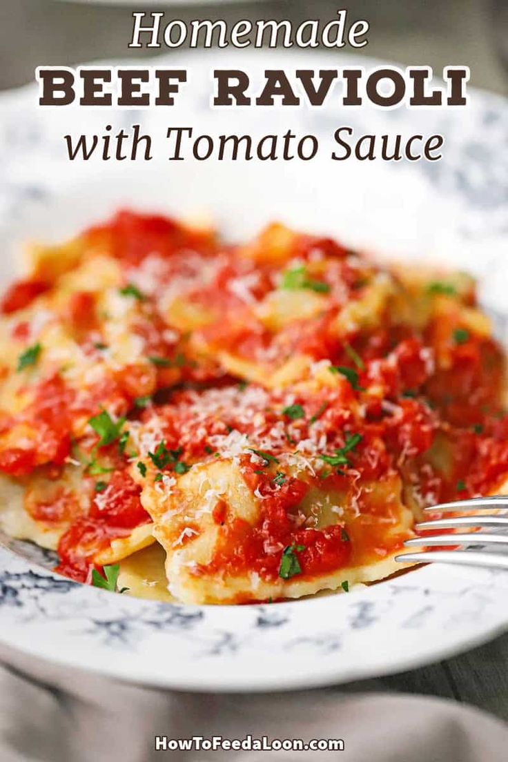 homemade beef ravioli with tomato sauce on a plate