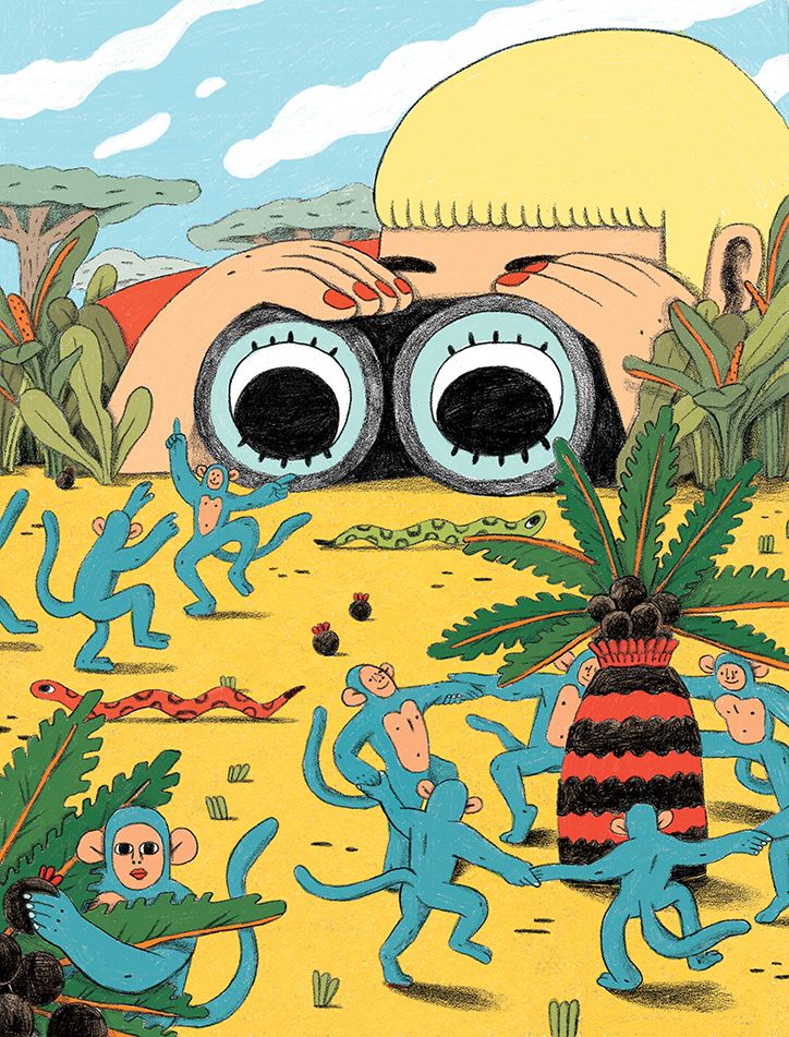 an image of monkeys in the desert with eyes looking through binoculars to see what's inside