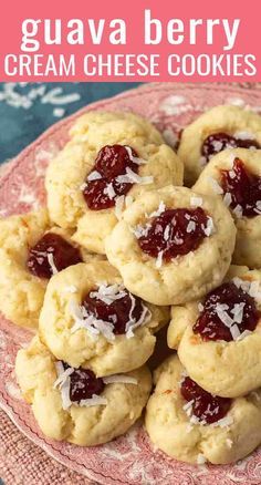 strawberry shortbreads with cream cheese cookies on a pink plate and text overlay reads guava berry cream cheese cookies