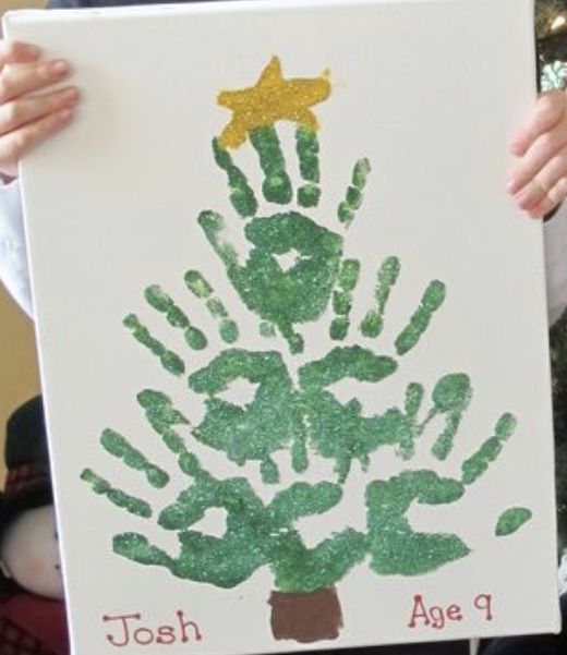 a child's handprint christmas tree is displayed in front of a person holding it