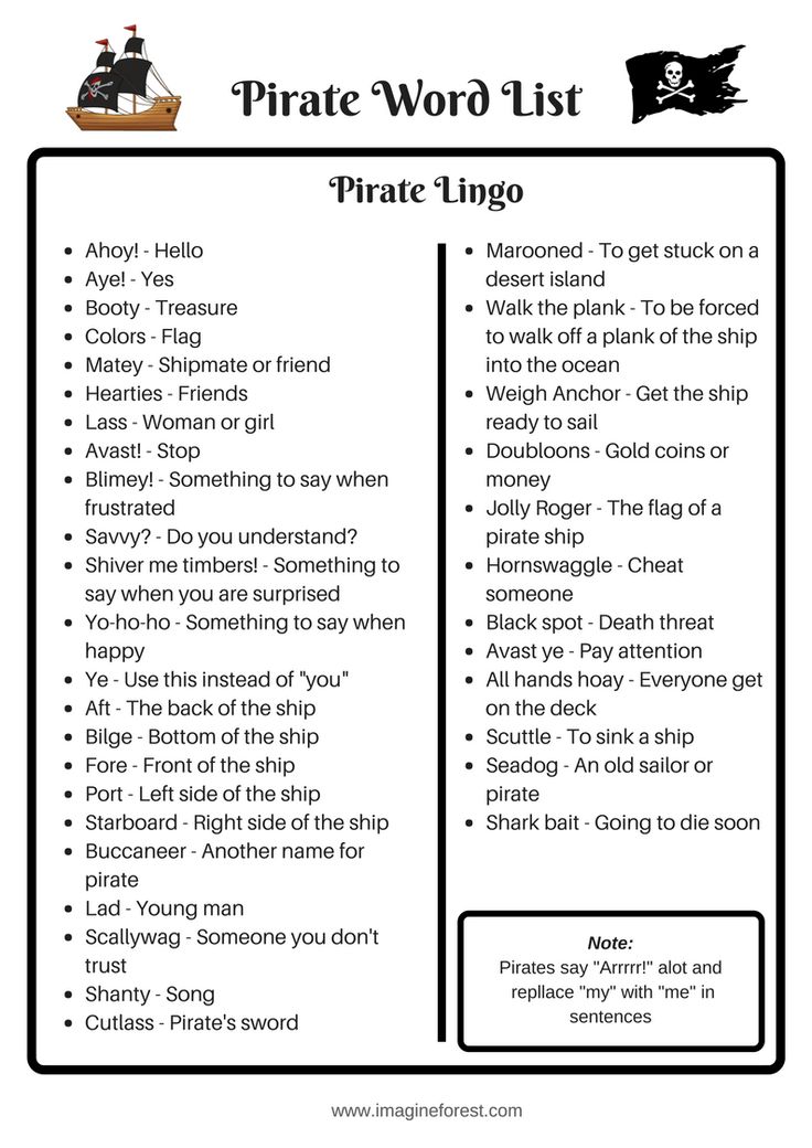 the pirate word list for kids to use in their writing and reading skills, including an anchor