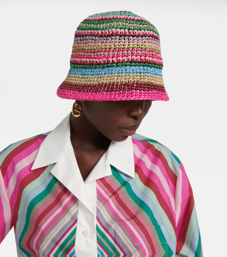 VLogo Signature striped crochet bucket hat in multicoloured - Valentino | Mytheresa Bucket Hat Style, V Logo, Crochet Bucket, Crochet Bucket Hat, Leather Espadrilles, Cotton Poplin Shirt, Poplin Shirt, Cotton Poplin, Hat Fashion