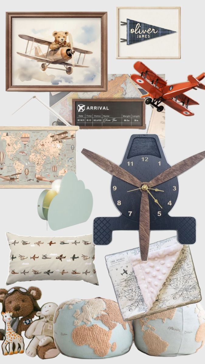 Selection of plane themed decor items such as vintage art in frame of bear piloting a plane, large front of plane shaped clock, blanket, world shaped cushions, plane pillow, cloud wall sconce, etc Aviation Nursery Boy, Airplane Bedroom For Boys, Plane Nursery Theme, Airplane Nursery Theme, Airplane Baby Room, Aviation Room Decor, Aviation Bedroom, Airplane Nursery Boy, Airplane Room Decor