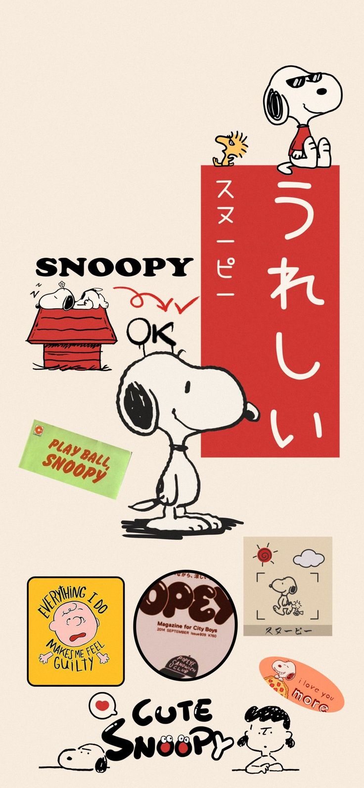 snoopy and other stickers are arranged on the back of a white background with red lettering