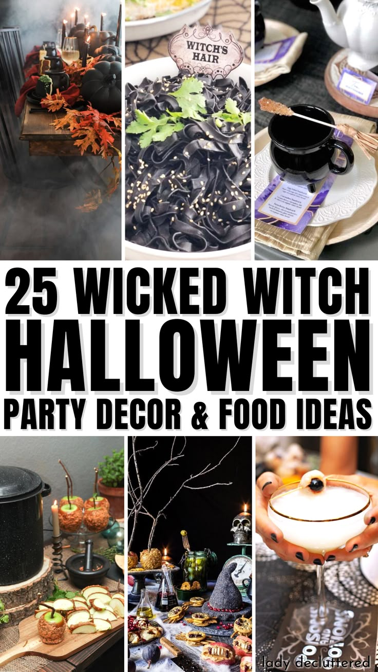 25 Wicked Witch Halloween Party Decor and Food Ideas Potion Table Halloween, Good Witch Party Ideas, Witch And Wine Party, Halloween Witch Party Ideas, Witches Brew Party Ideas, Witches Brew Tea Party, Witches Coven Halloween, Housewarming Halloween Party, Witch Halloween Party Food