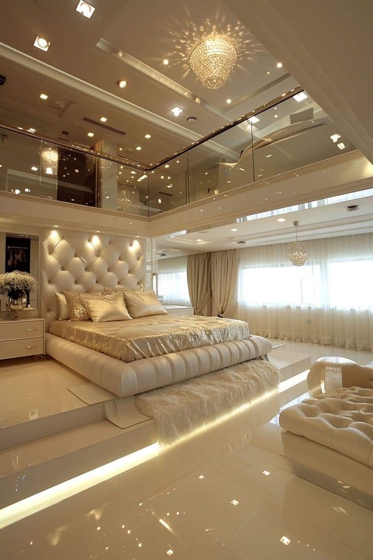 a luxurious bedroom with white furniture and chandelier