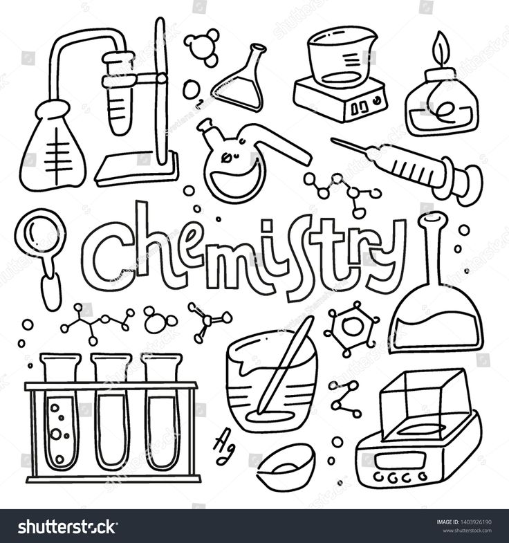 the word chemistry written in doodle style with science related objects and beakles around it