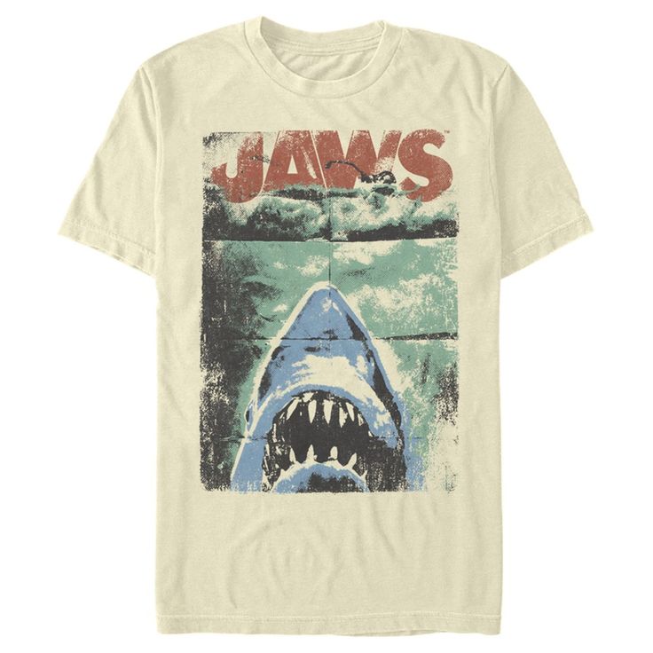 You're going to need a bigger boat for the Jaws Distressed Watercolor Poster Men's Tee! Steven Spielberg's 1975 blockbuster film is celebrated with this retro Jaws tee that features a distressed, watercolor poster for the film, perfect for any fan of Martin Brody, Quint, or the man-eating great white shark that is terrifying the citizens of Amity Island this summer! Size: 3xl. Color: beige. Gender: male. Age Group: adult. Pattern: Sharks. Material: Cotton. Martin Brody, Amity Island, Man Eating, Blockbuster Film, Watercolor Poster, Bigger Boat, White Sharks, Great White Shark, Great White