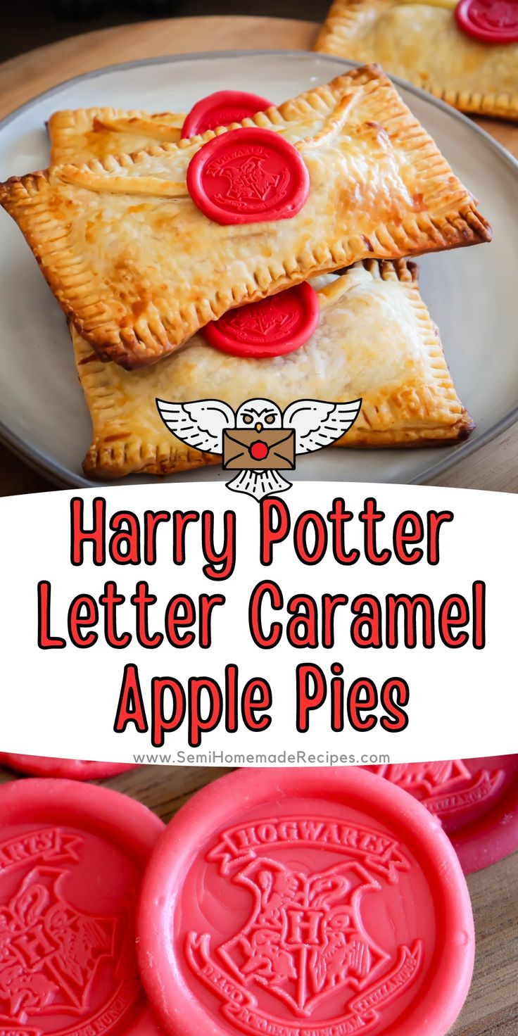 harry potter letter caramel apple pie on a plate with the words harry potter written in red