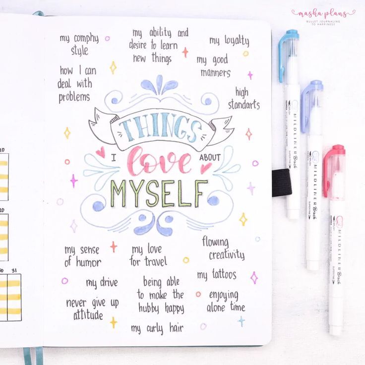 an open notebook with writing on it and two markers next to it that says things i love about myself