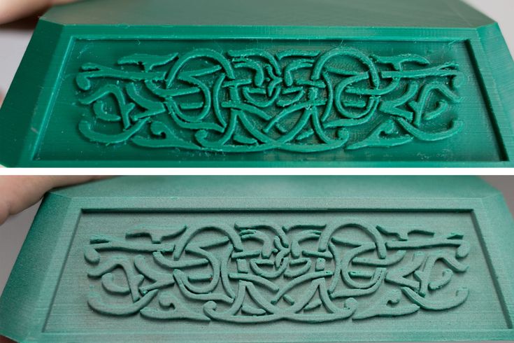 two pictures of green boxes with designs on them