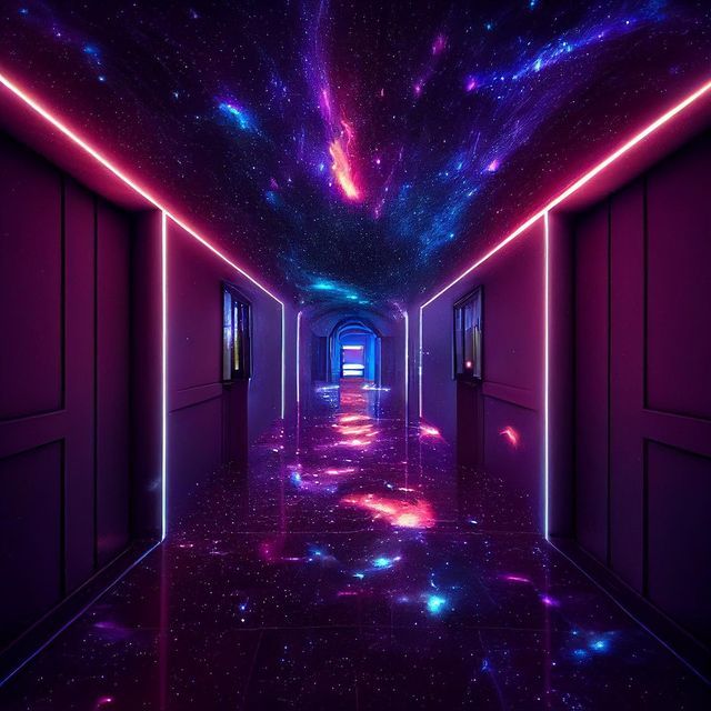 an empty hallway with neon lights and stars on the ceiling, leading to another room