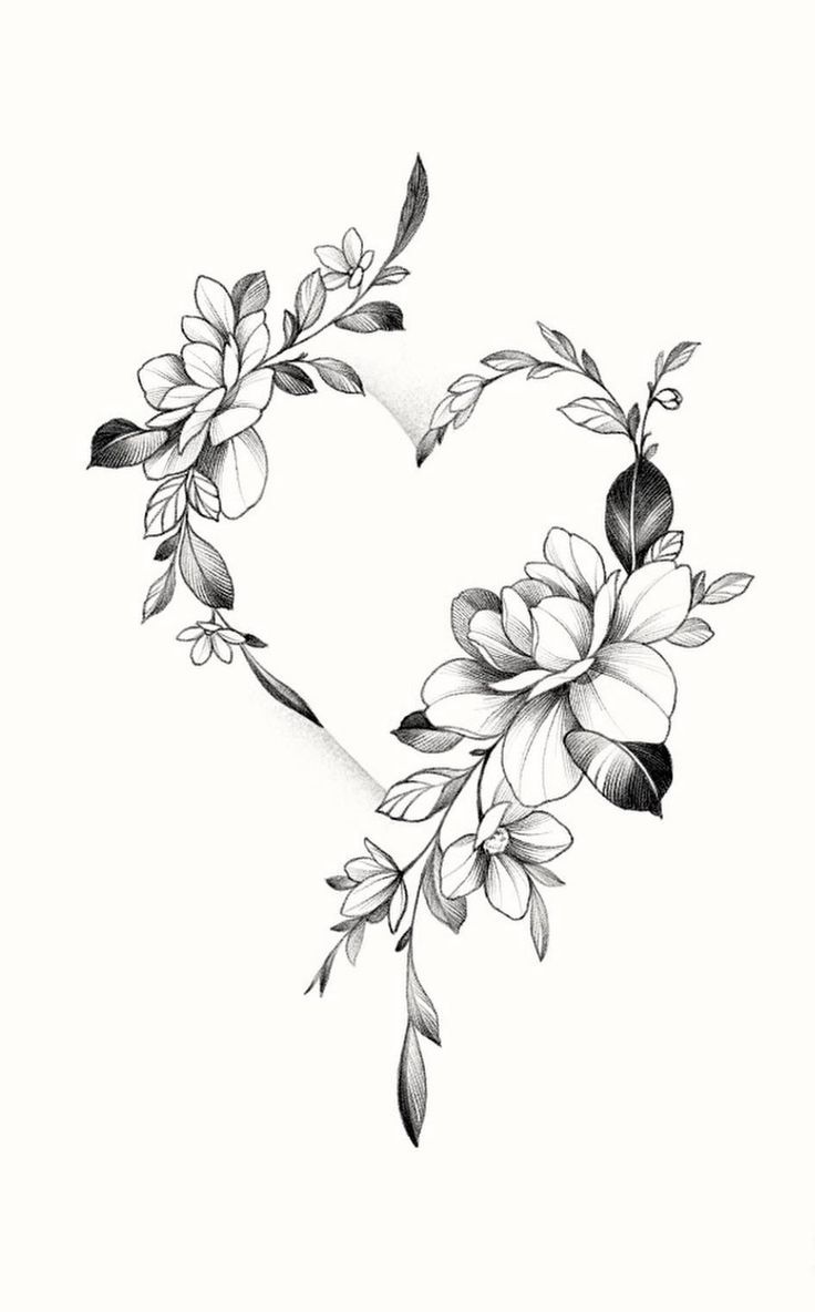 a black and white drawing of flowers in the shape of a heart