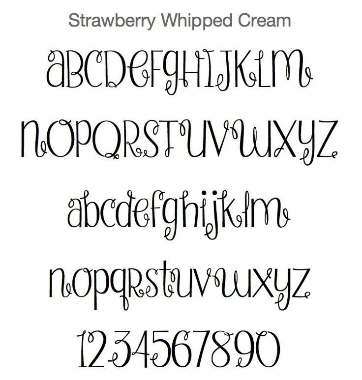 the font and numbers for strawberry whipped cream are shown in black ink on a white background