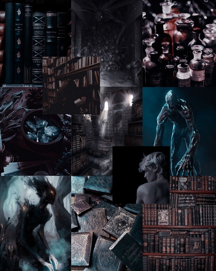 a collage of images with books and monsters