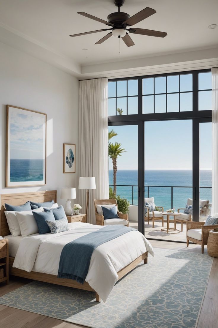 a bedroom with a large window overlooking the ocean