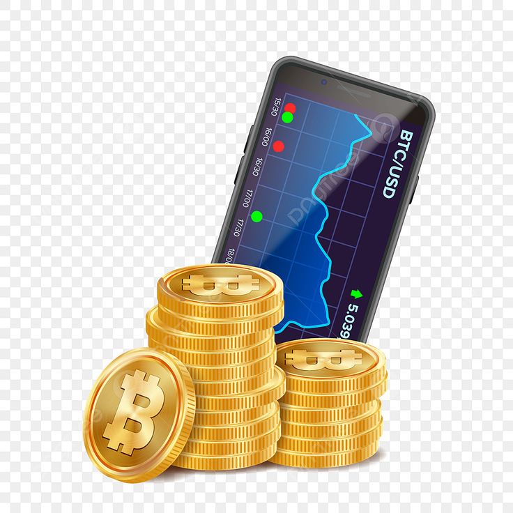 three stacks of gold bitcoins next to a cell phone on top of it