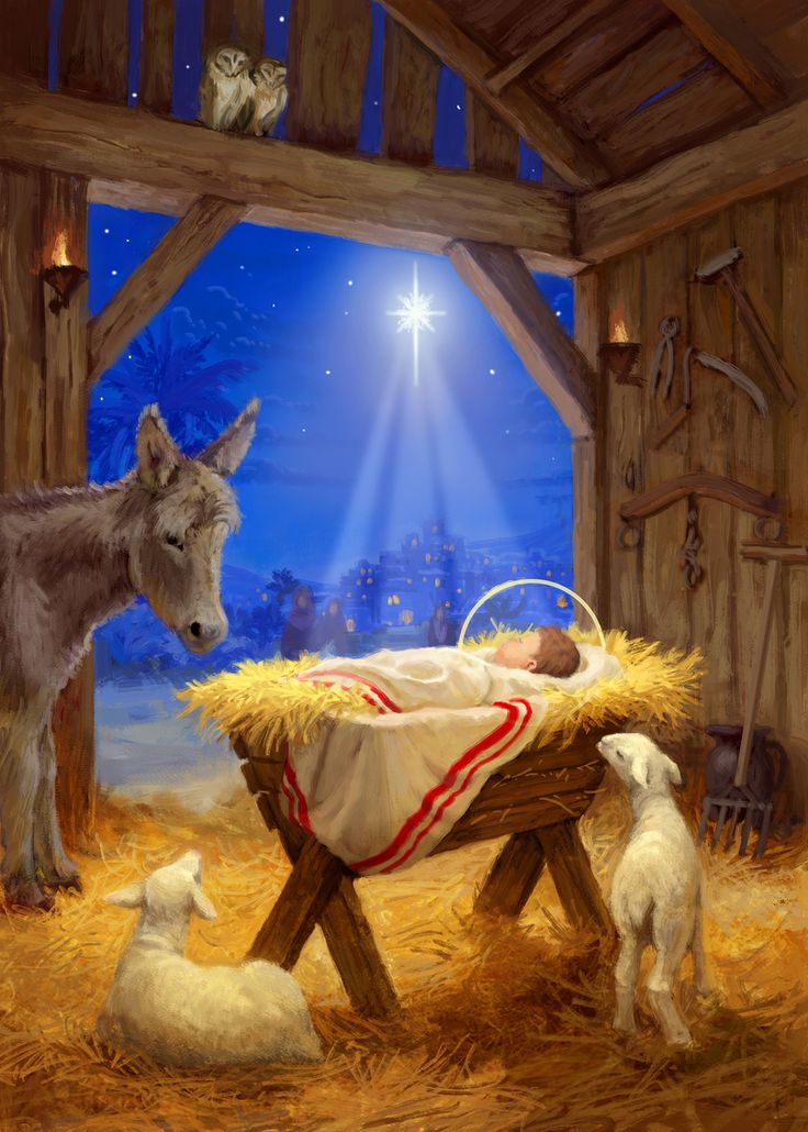 a painting of a baby jesus in the manger scene with two sheep and a donkey