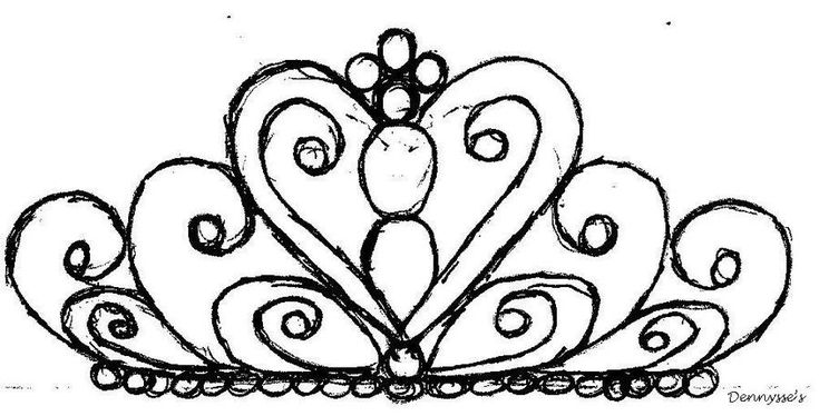 a black and white drawing of a tiara with hearts on the front, surrounded by beads