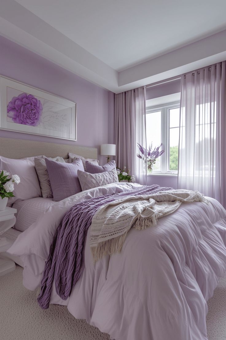 a bedroom with purple walls and white carpeted flooring is pictured in this image