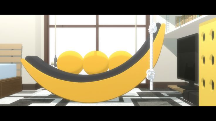 an animated image of a banana hanging from a rope in a room with yellow balls on the floor