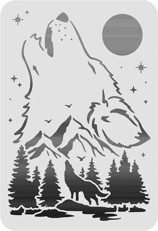 a wolf is standing in front of the mountains and trees with stars on it's head