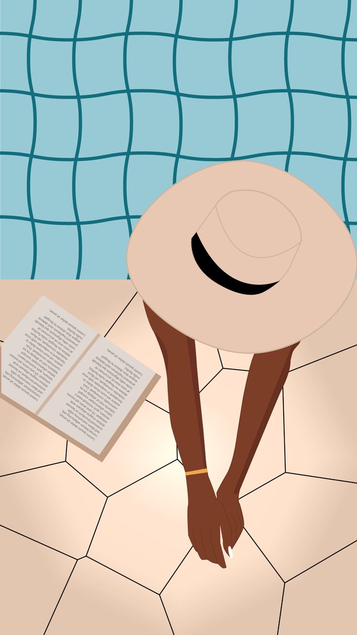 a person sitting on the ground with a hat and book in front of them, next to a swimming pool