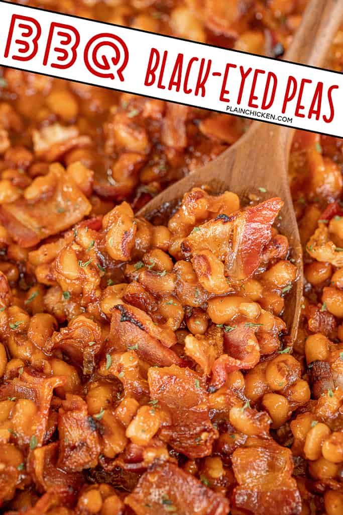 a wooden spoon is full of baked beans with bacon on top and the words bbq @ black - eyed peas above it