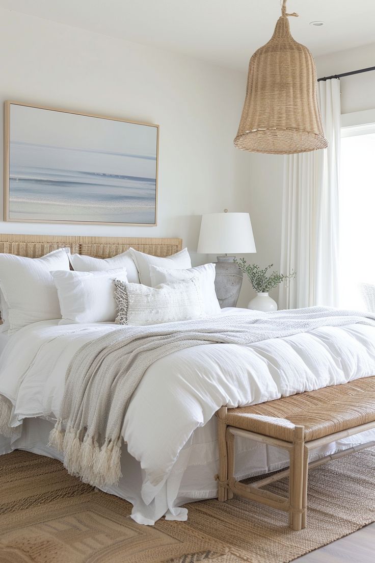 a bed with white linens and pillows in a bedroom