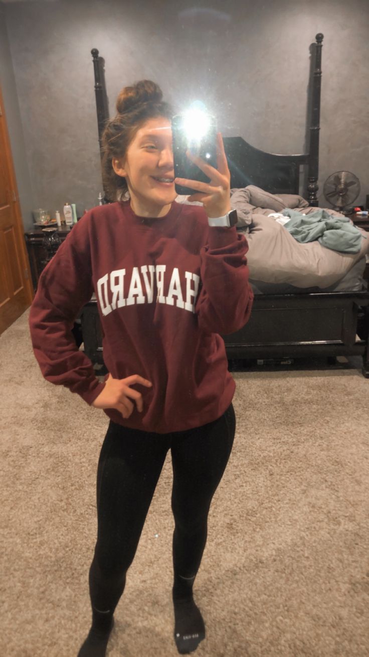 Harvard sweater, black leggings, Nike socks, Apple Watch, and messy bun Cute Teen Socks, Black Nike Socks Outfit Leggings, Black Nike Socks Outfit, Nike Socks Outfit Leggings, Nike Socks Over Leggings Outfit, Outfits With Nike Socks, Socks Over Leggings Outfit, Long Socks Outfit, Nike Socks Outfit