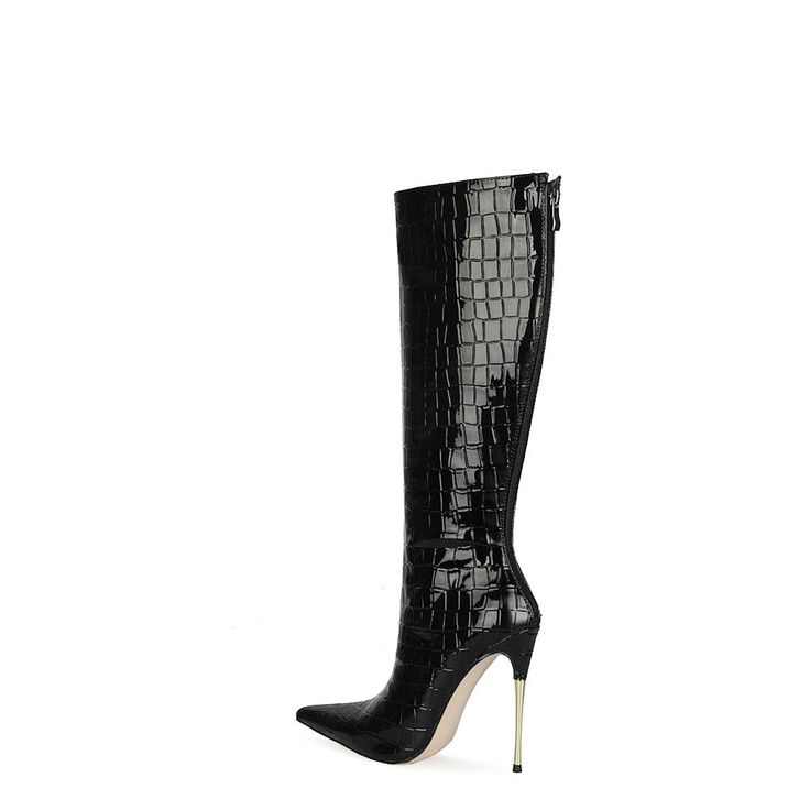 Shop Black Snake Print Knee High Boots Metallic Stiletto Heel Boots With Back Zipper color Black for Going out, Night Club, Party with worldwide Free shipping & Free return. Fitted High Heel Boots With Zipper Closure, Faux Leather Heels With Zipper Closure, Faux Leather Fitted Heels With Zipper Closure, Fitted Faux Leather Heels With Zipper Closure, High Heel Boots With Zipper Closure For Night Out, High Ankle Heeled Boots With Zipper For Night Out, Winter Heels With Zipper Closure For Night Out, Fitted Party Boots With Side Zipper, Trendy Knee-high Boots With Pointed Toe And Zipper