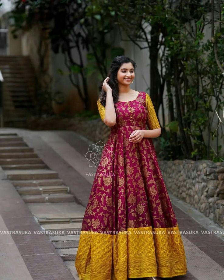 Pattu Saree Dress Design Ideas, Long Frocks With Silk Sarees, Kalankari Frocks Designs, Latest Long Frocks With Sarees, Saree To Anarkali Dress Pattern, Round Dress Design, Anarkali Suits From Old Saree, Pattu Lehanga Designs, Pattu Long Frocks For Women