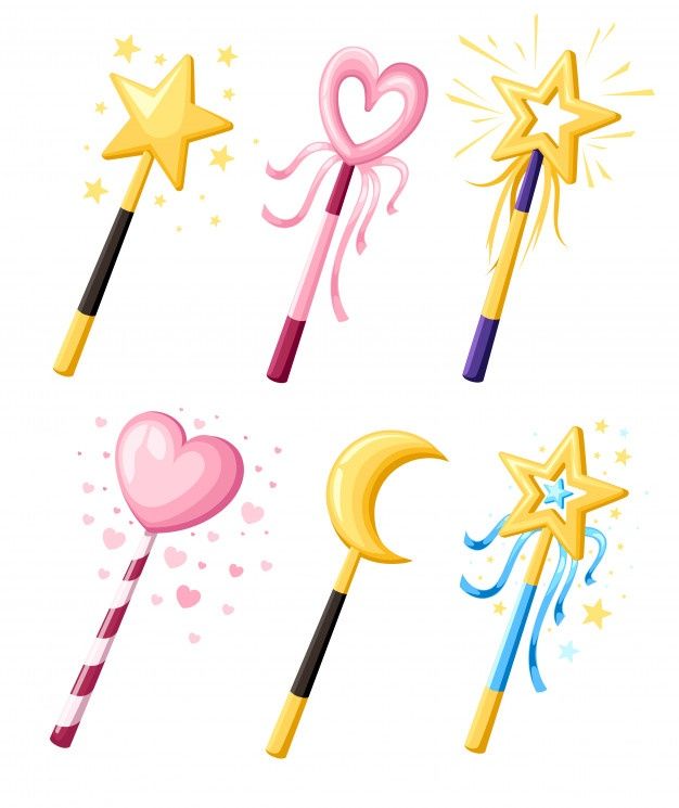 different types of wands with stars and hearts